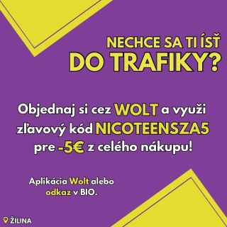 ZĽAVA NA WOLT! 💸 Využi kód NICOTENSZA5 a dostaneš zľavu 5€ z celého nákupu. 😮‍💨 Nájdi si Nicoteens Žilina v aplikácii Wolt...