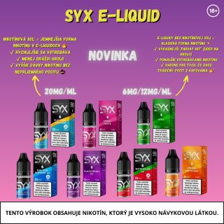 😎 SYX E-LIQUID Ako ďalšie palivo pre OXVA zariadenie sme pridali nové SYX liquidy. 😎 SYX e-liquid Classic - 6/12mg/ml...